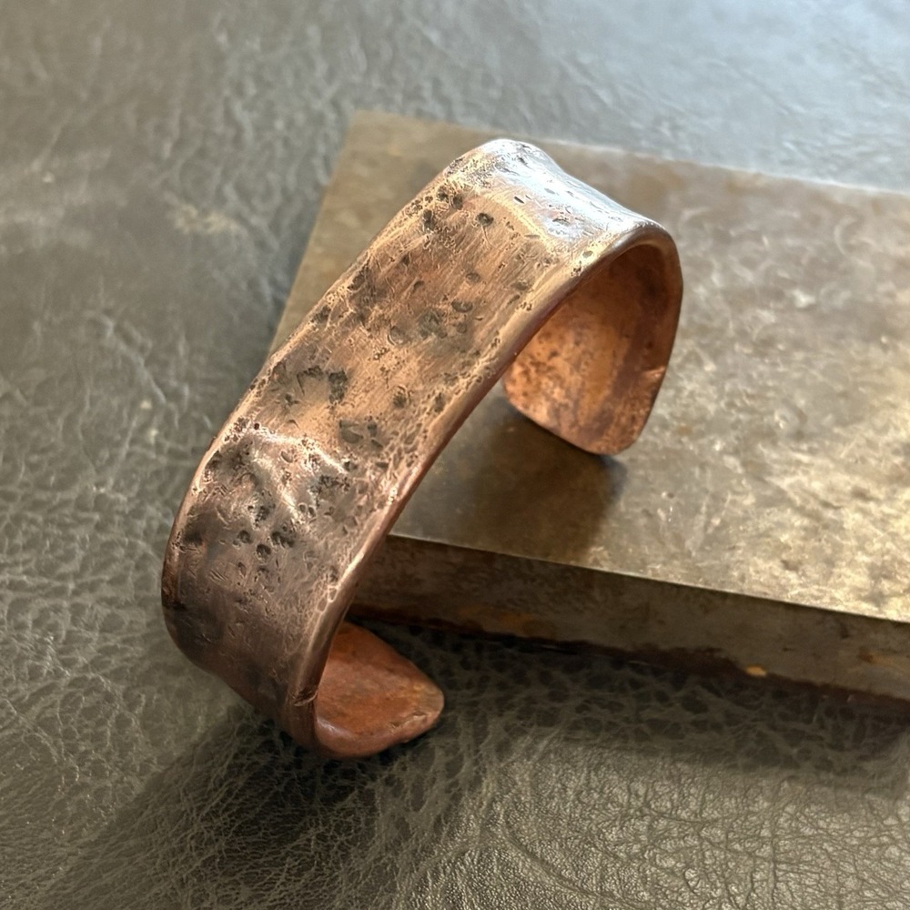 Pure Copper Men's Handmade Wide Thick Cuff, Hammered Concrete Finish Bracelet